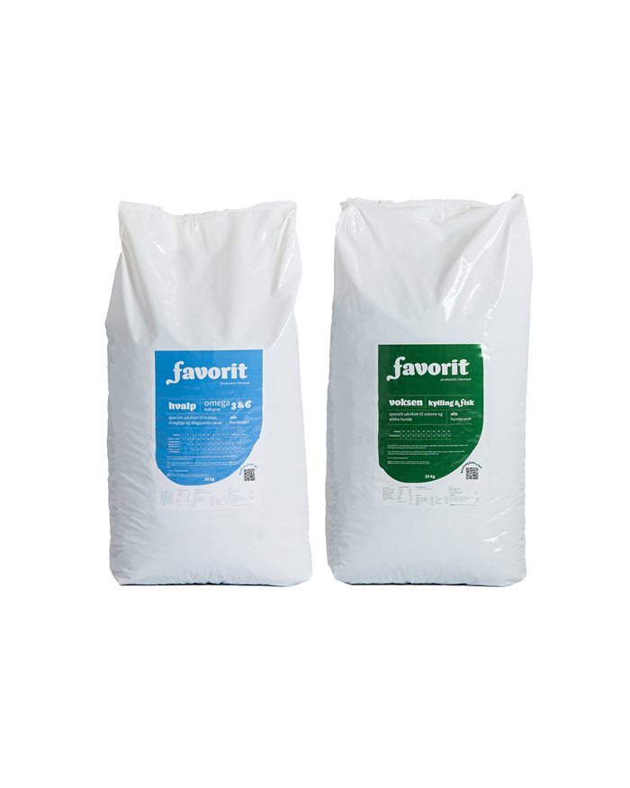 2 x 20 KG FAVORIT HVALP & VOKSEN HUNDEFODER